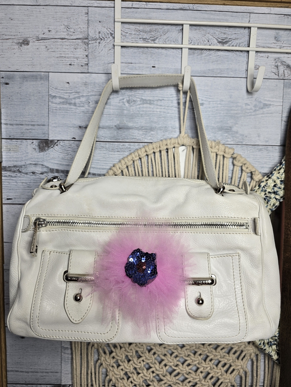 Y2K Marc Jacobs White Leather Shoulder Bag with Pink Pom and Blue Sequin Detail